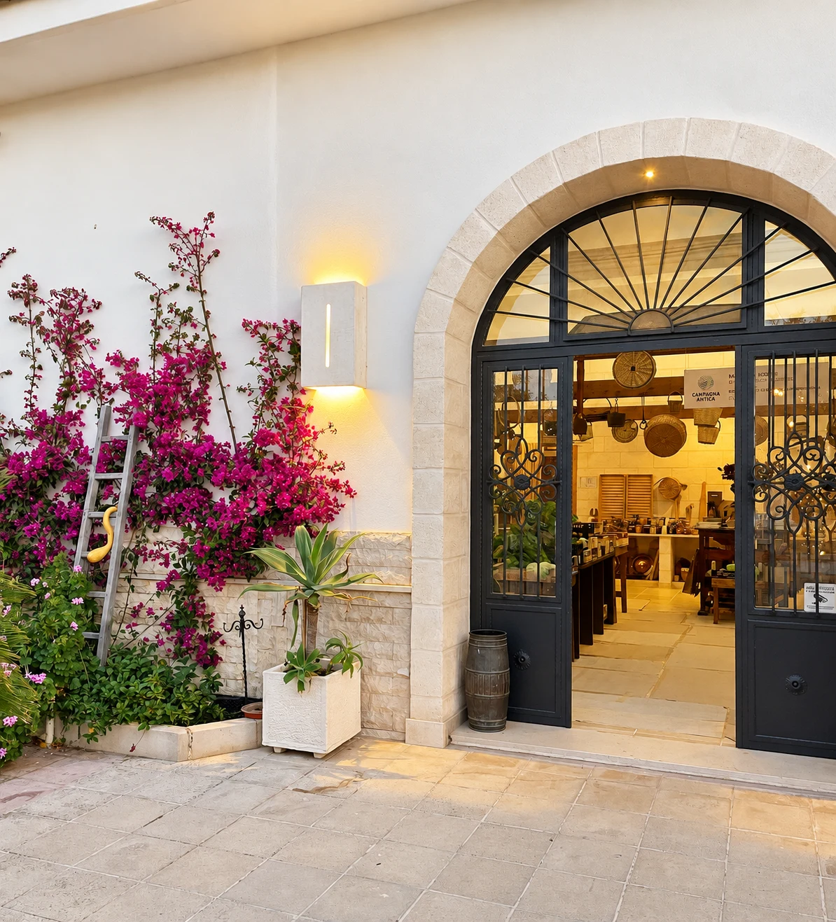 L&rsquo;ingresso della Bottega con la bouganville, al tramonto