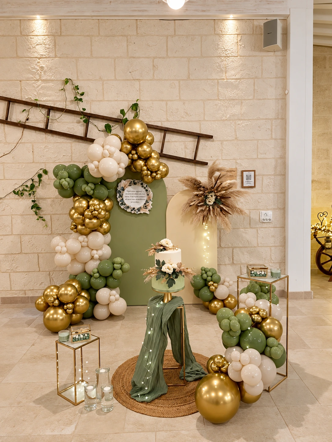Allestimento con torta e palloncini verde oliva, avorio e oro nella sala in pietra