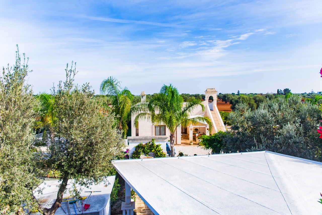 Vista dall’alto della Masseria tra ulivi e palme, con una tettoia in primo piano.