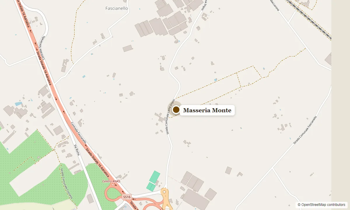 Mappa: Masseria Monte in Contrada Fascianello 48 a Fasano, Puglia, Italia, tra la strada statale 16 e la strada comunale Lama Impisi